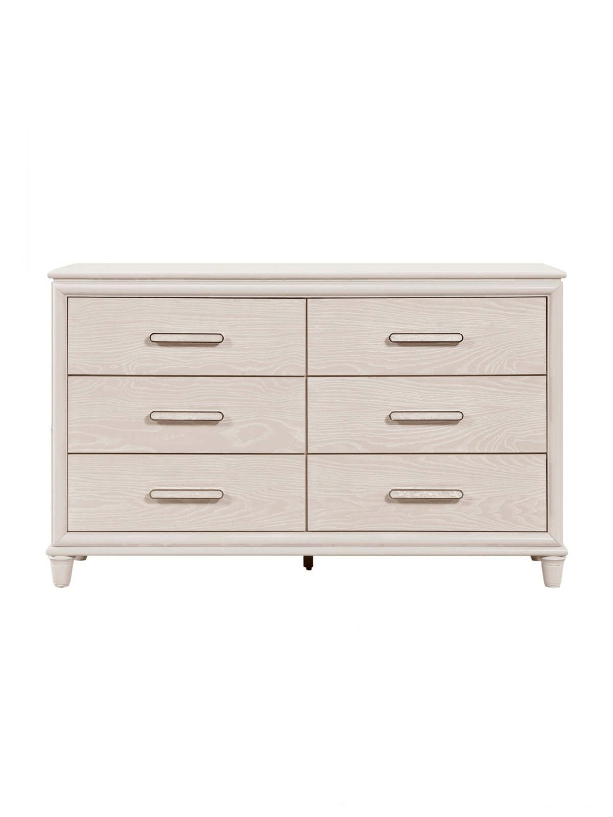 Commode double Ariane par TOCO Meubles en bois blanc avec six tiroirs, façades embossées et poignées chromées