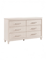 Commode double Ariane de TOCO Meubles en bois blanc avec six tiroirs, façades embossées et poignées chromées.