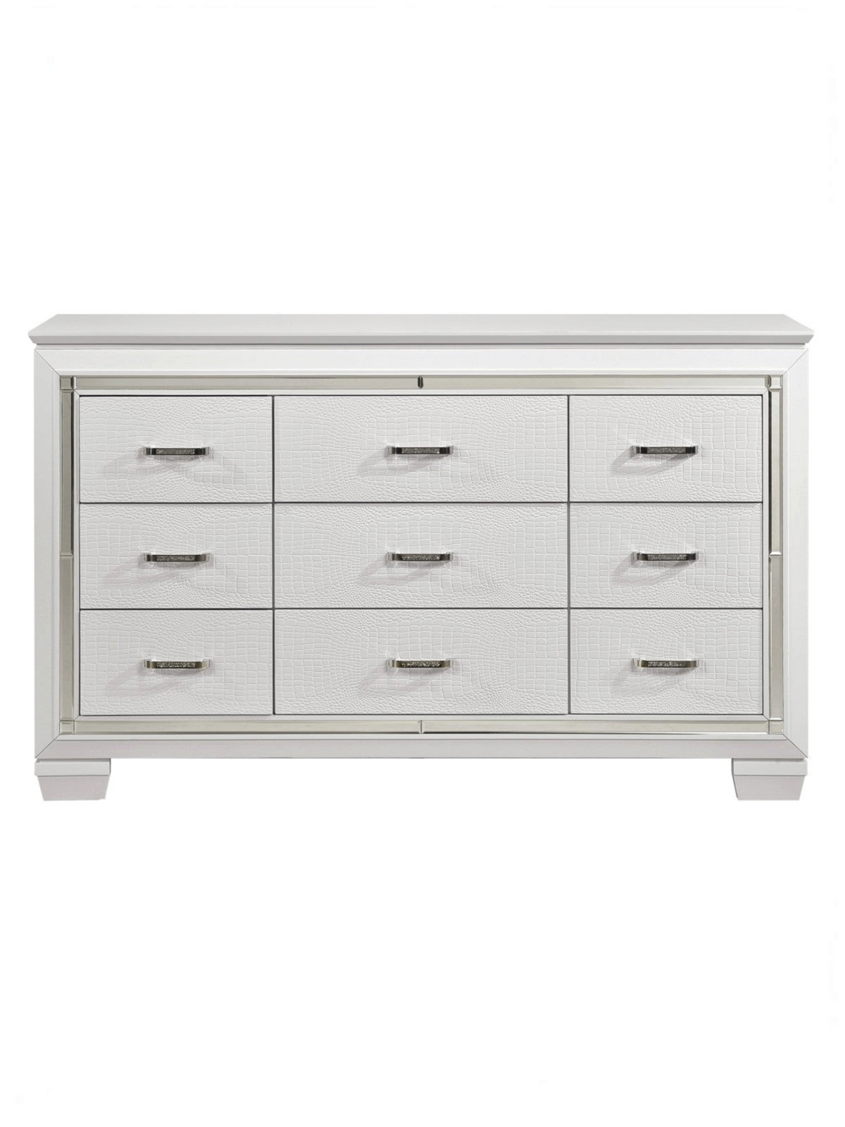 Commode double TOCO Meubles Aurore blanche à 9 tiroirs avec texture imitation alligator et bordures en miroir