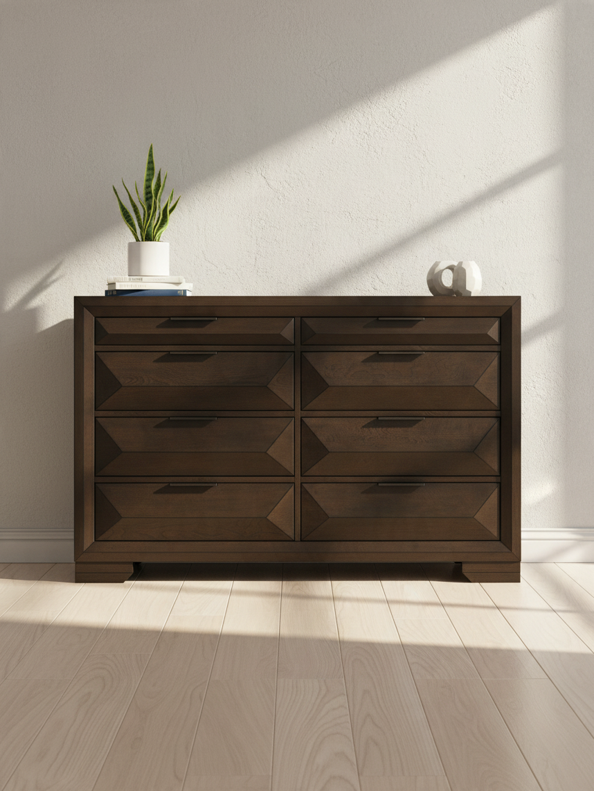 Commode double TOCO Meubles Basile en bois espresso avec huit tiroirs à panneaux surélevés et poignées bronze foncé