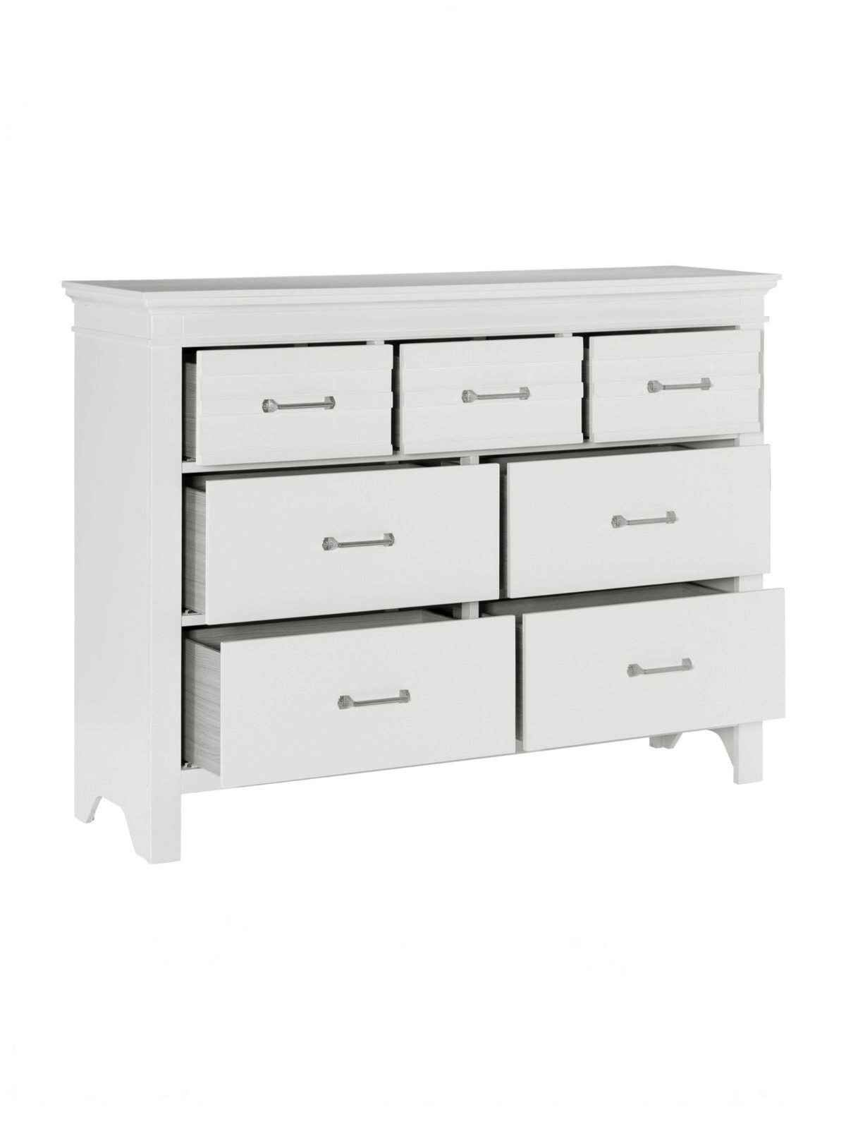 Commode double TOCO Meubles Rosalie blanche à sept tiroirs avec poignées en chrome poli sur fond blanc
