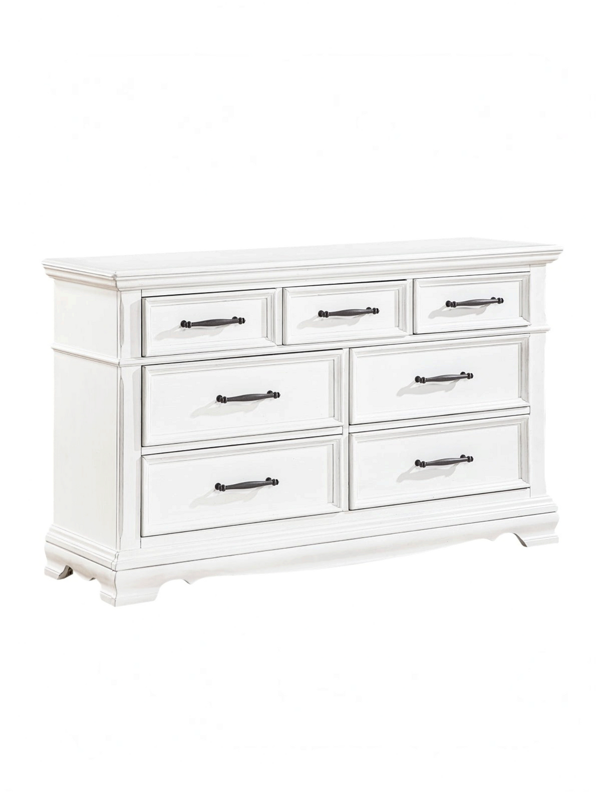 Commode double Florence TOCO Meubles blanche à sept tiroirs avec poignées en nickel noir sur fond blanc