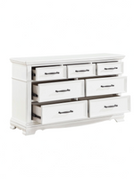 Commode double TOCO Meubles Florence blanche à 7 tiroirs avec poignées en nickel noir sur fond blanc