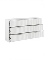 Commode double Céleste TOCO Meubles en bois blanc perle avec six tiroirs à façades texturées et poignées argentées