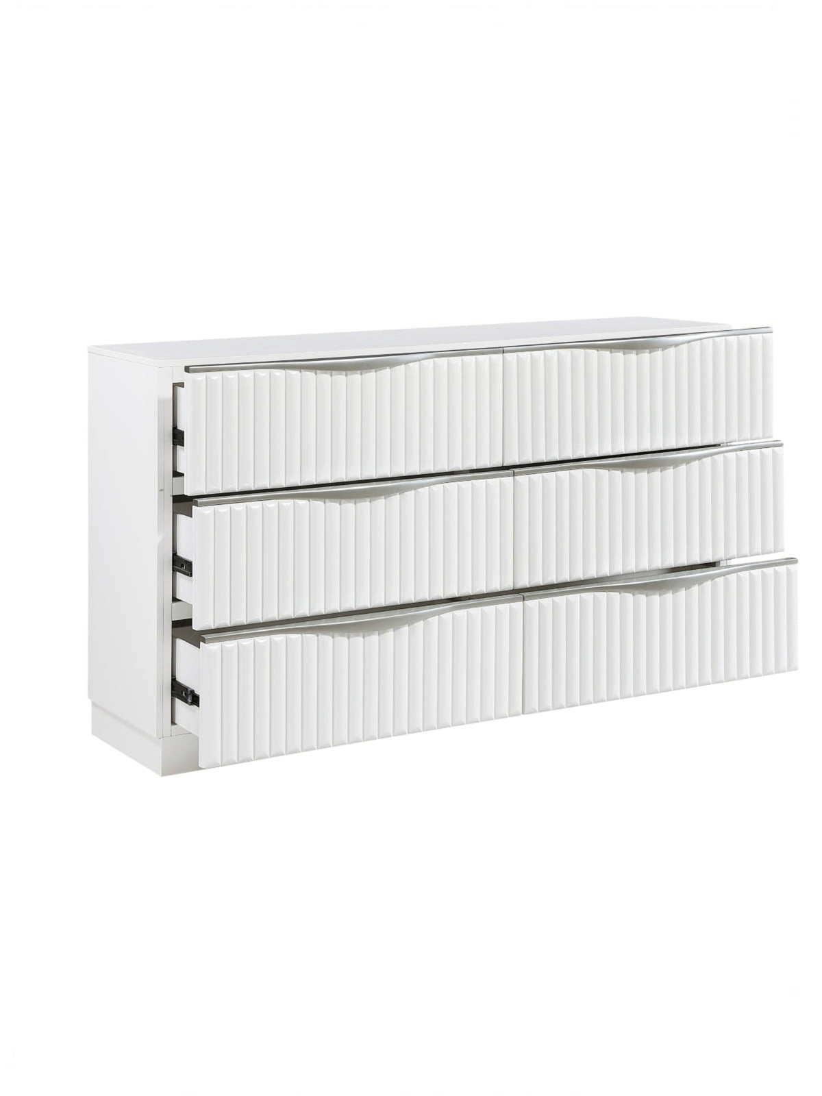Commode double Céleste TOCO Meubles en bois blanc perle avec six tiroirs à façades texturées et poignées argentées