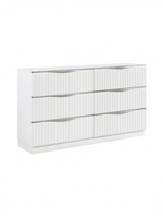 Commode double TOCO Meubles Céleste blanche avec six tiroirs à façades texturées et poignées argentées modernes