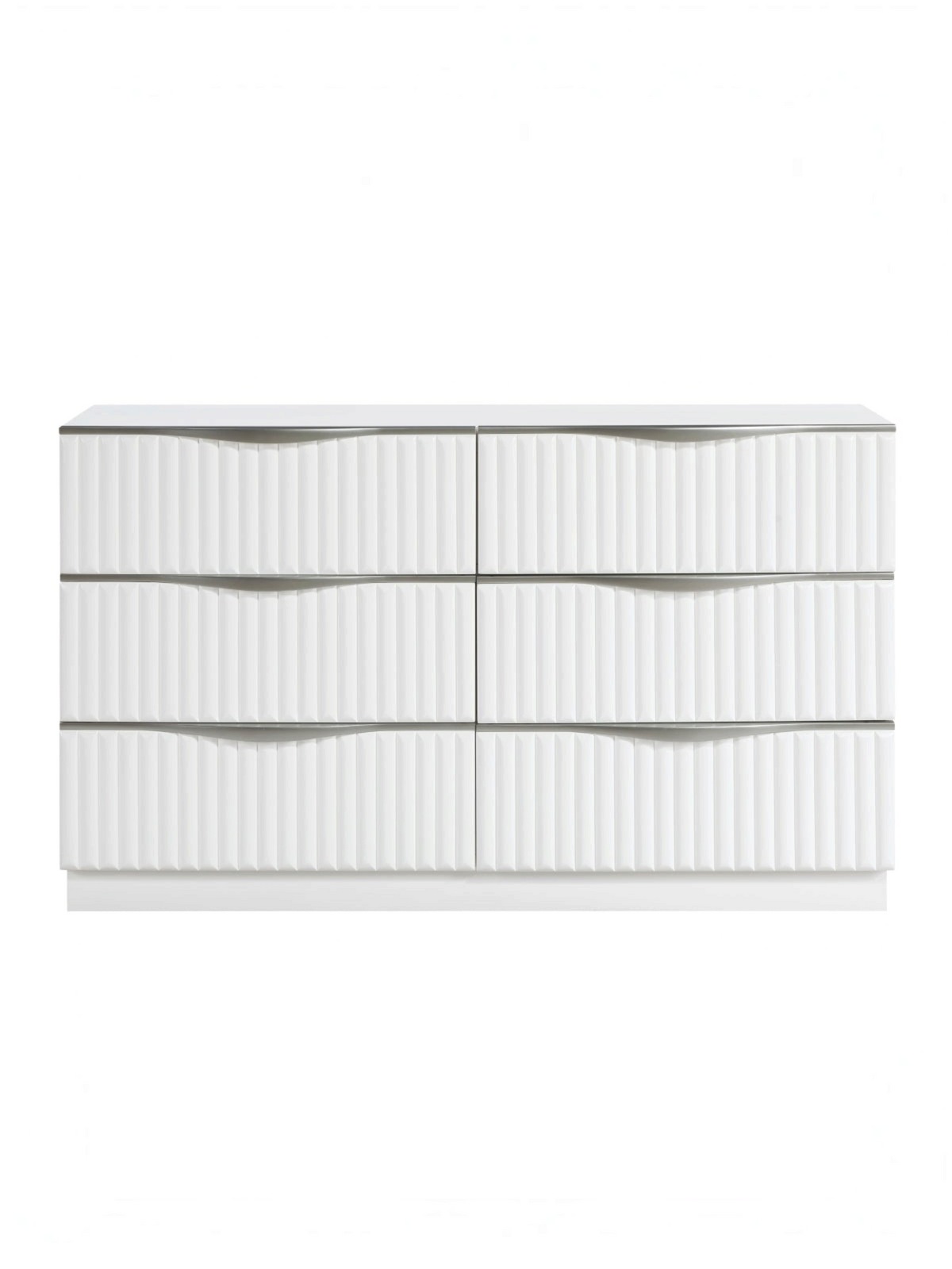 Commode double Céleste TOCO Meubles blanche avec six tiroirs à façades texturées et poignées argentées modernes