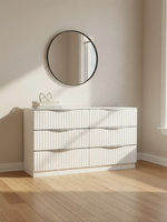 Commode double TOCO Meubles Céleste blanc perle avec six tiroirs à façades texturées et poignées argentées