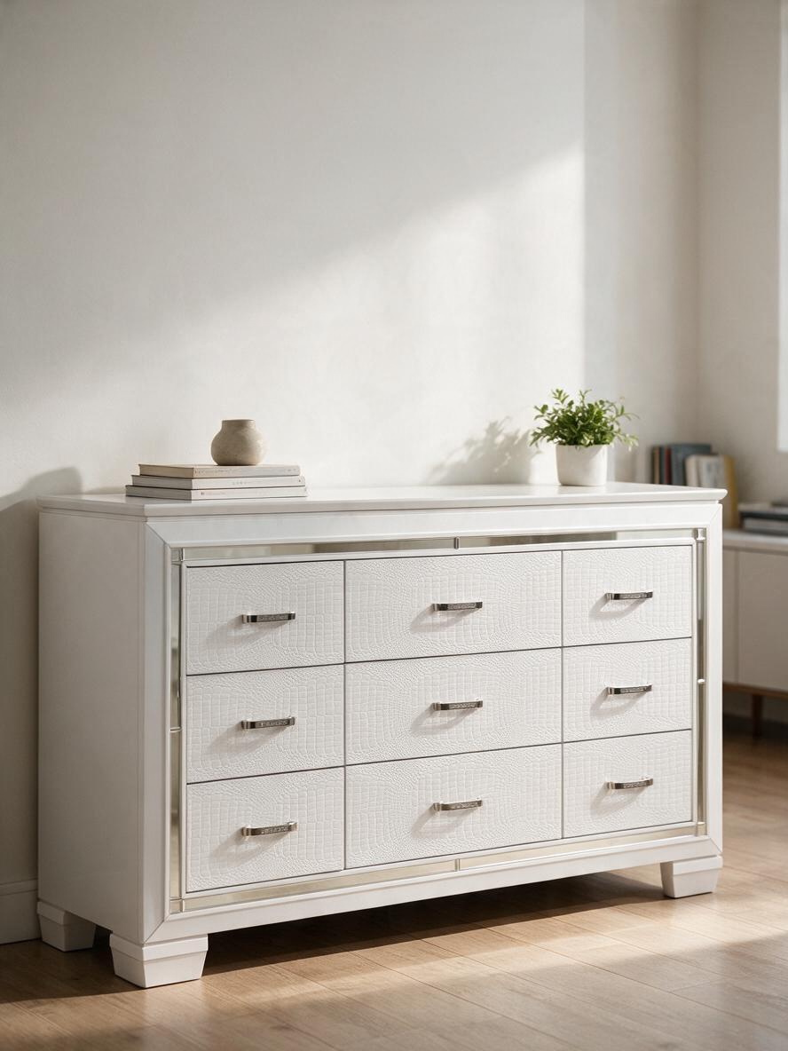 Commode double blanche TOCO Meubles avec neuf tiroirs, texture imitation alligator et bordures en miroir biseauté.