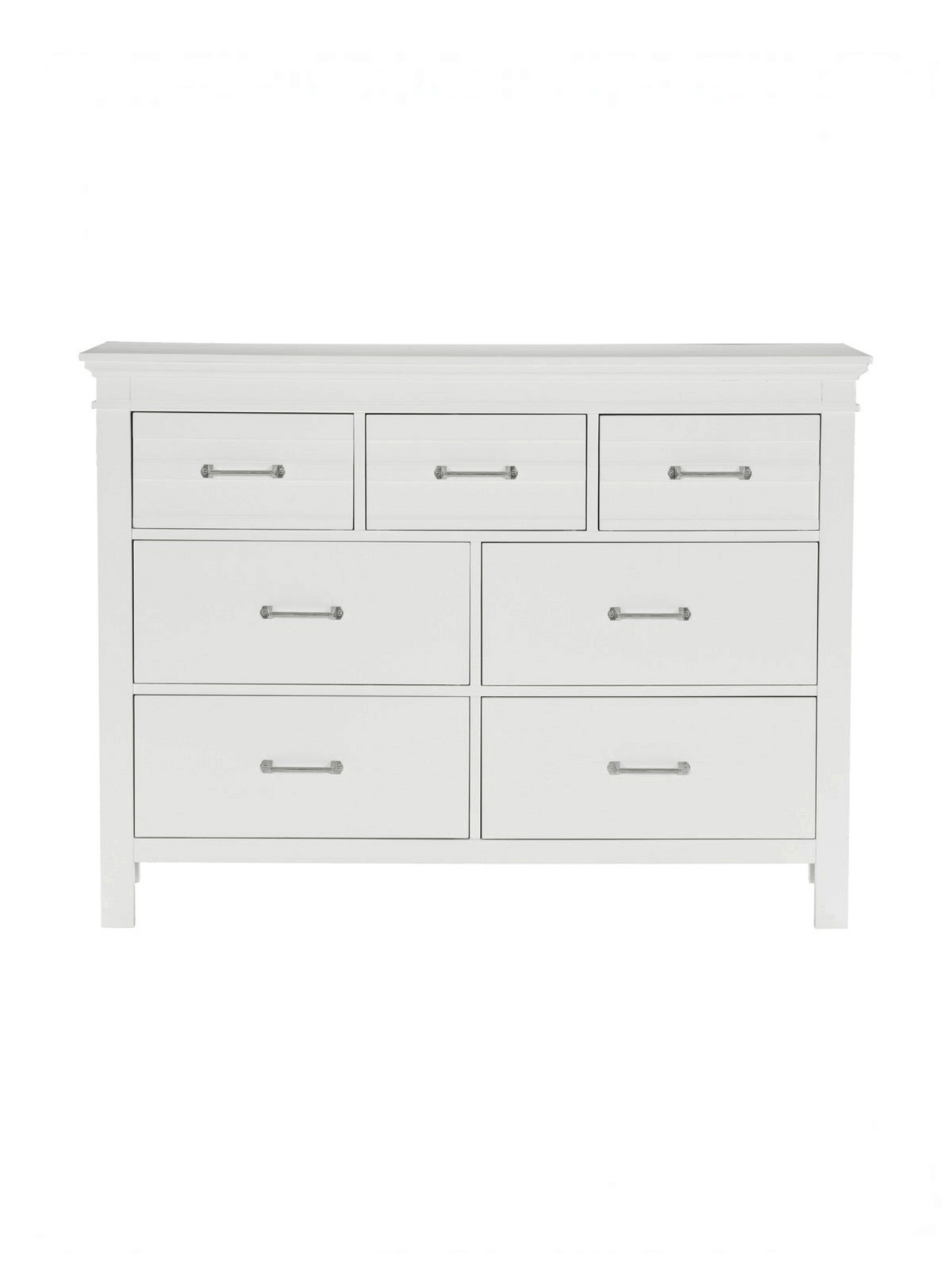 Commode double blanche Rosalie de TOCO Meubles avec sept tiroirs et poignées en chrome poli