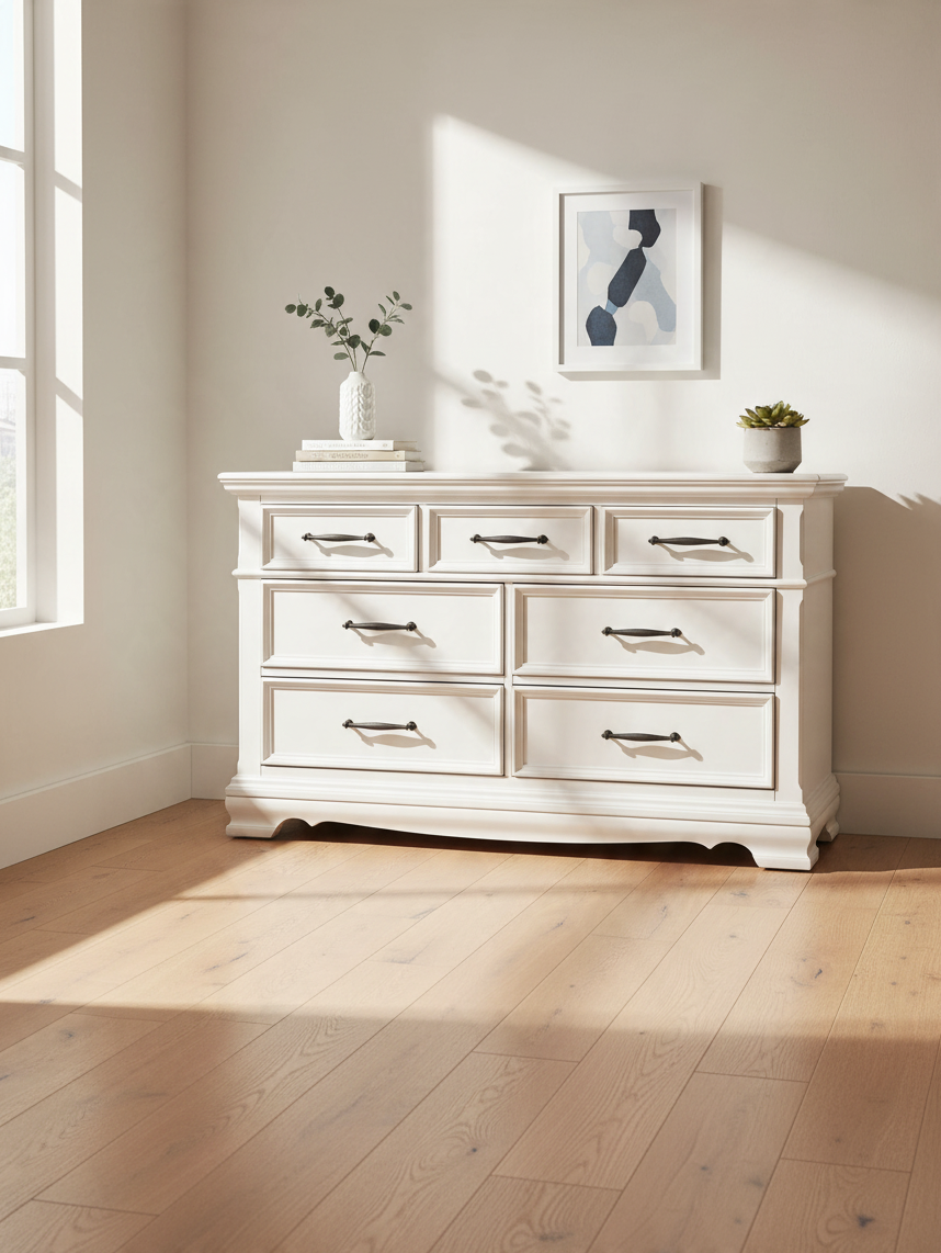 Commode double TOCO Meubles Florence blanche à sept tiroirs avec poignées en nickel noir dans une chambre lumineuse