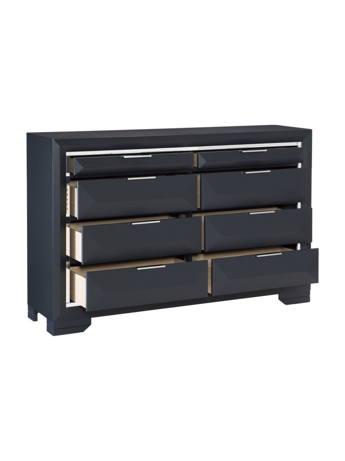 Commode double Maeva par TOCO Meubles en bois bleu nuit avec huit tiroirs et poignées chromées élégantes