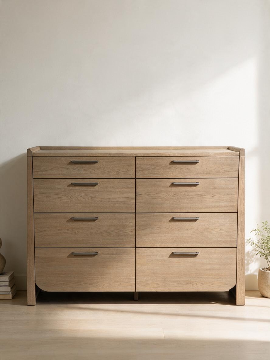 Commode double Samora par TOCO Meubles en placage de hickory brun clair avec huit tiroirs et poignées nickel antique