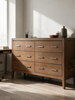 Commode double Antoine TOCO Meubles en bois brun clair brossé avec six tiroirs et poignées en laiton antique