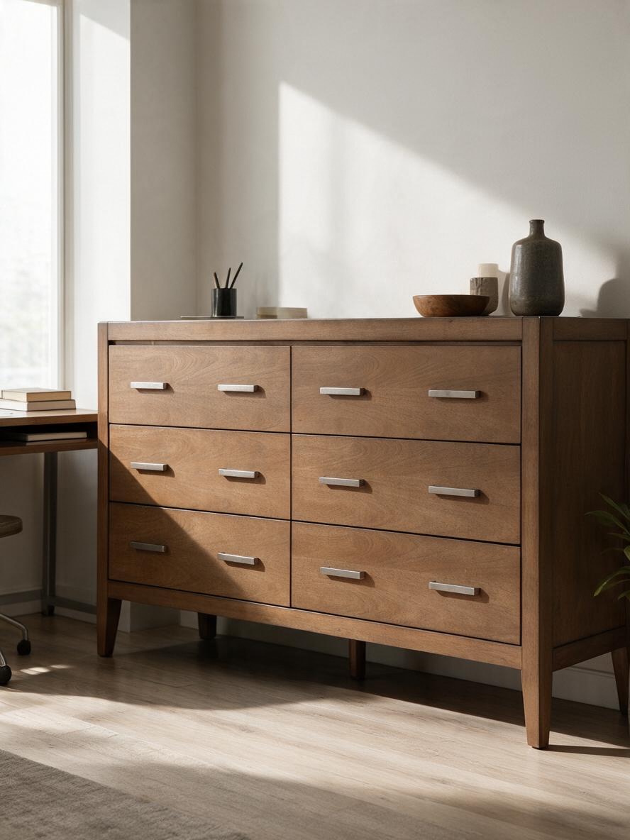 Commode double Antoine TOCO Meubles en bois brun clair brossé avec six tiroirs et poignées en laiton antique