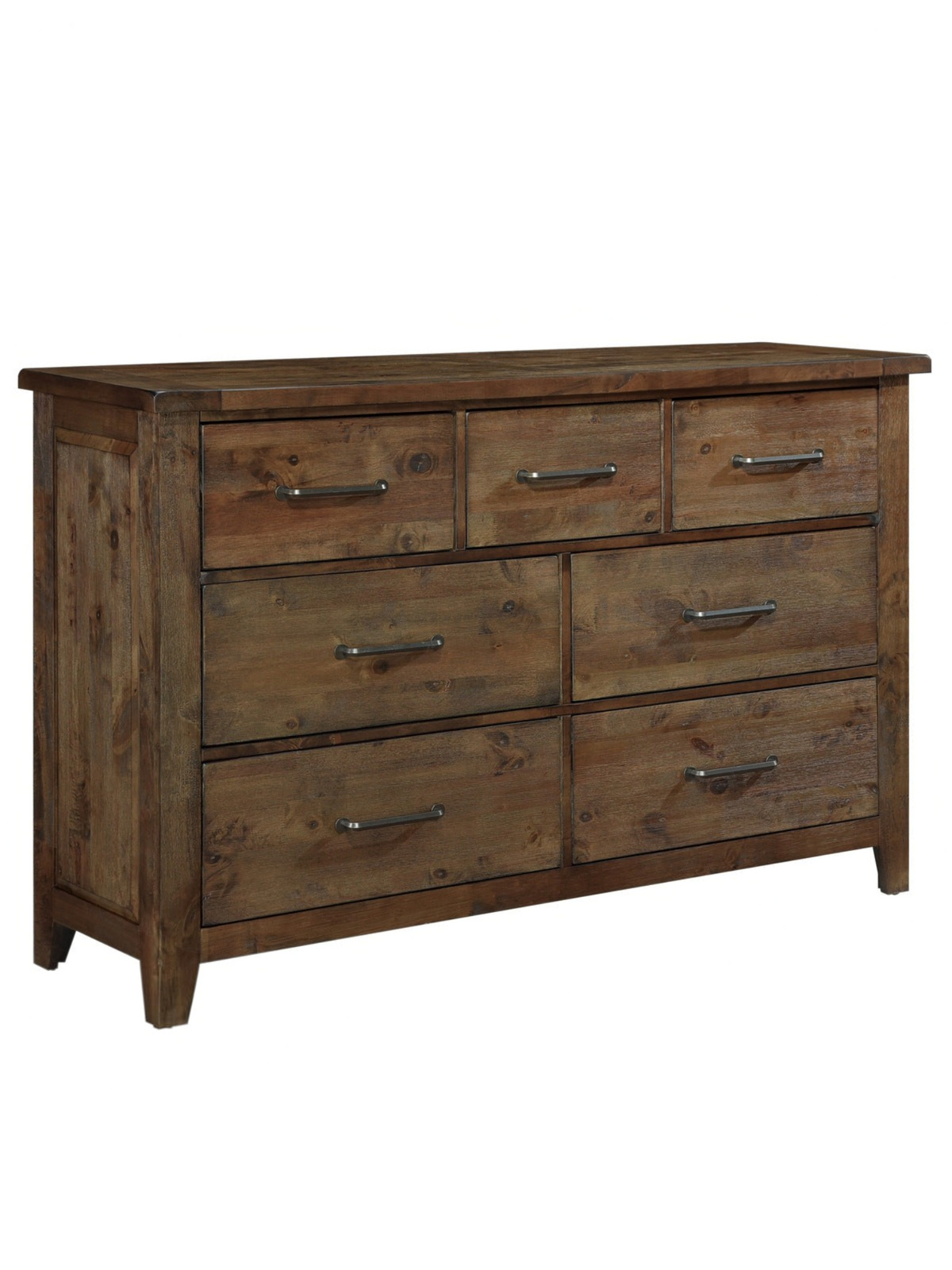 Commode double Jules TOCO Meubles en bois d'hévéa massif brun bruni avec sept tiroirs et poignées en laiton antique