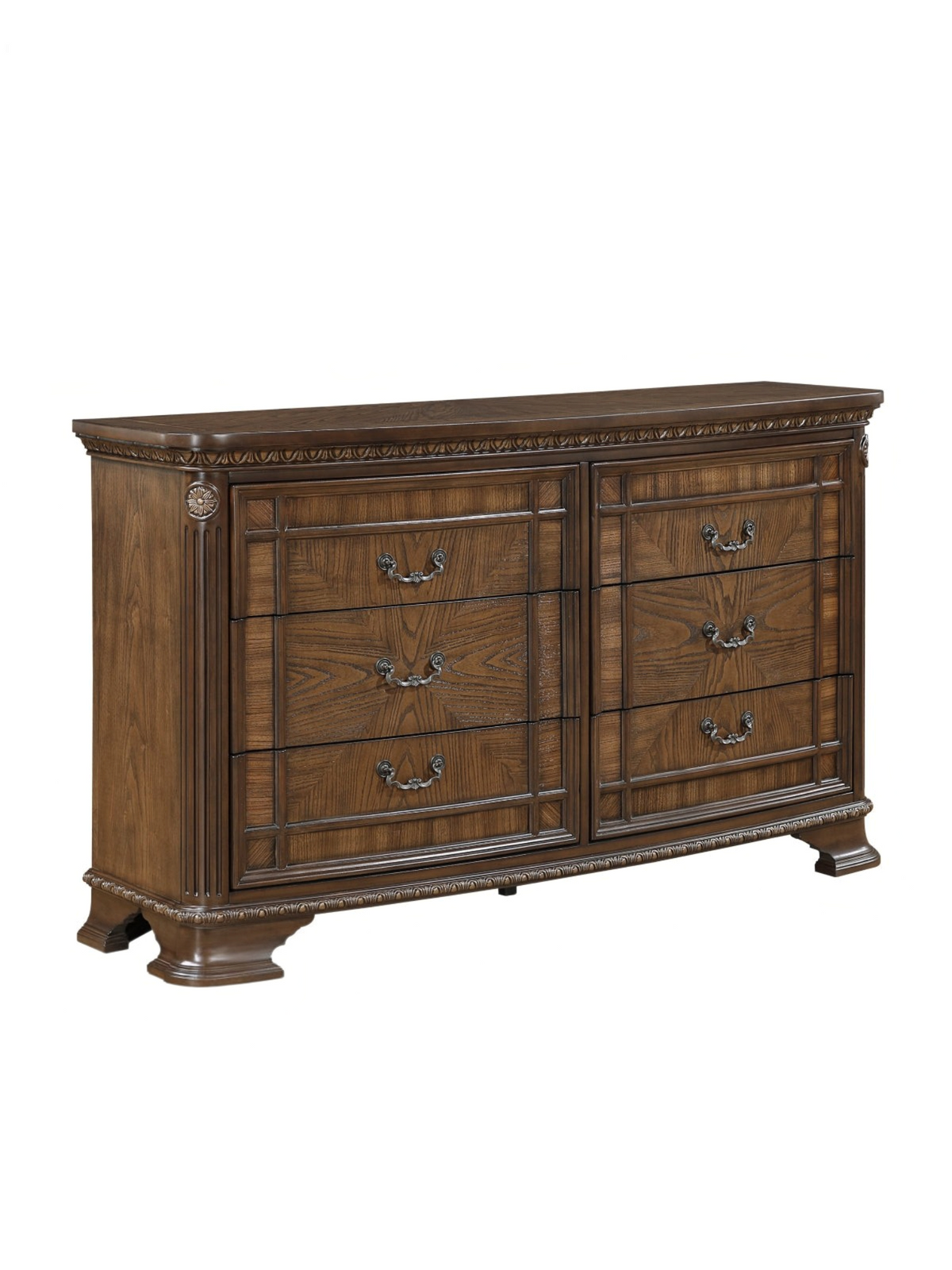 Commode double TOCO Meubles Émile en placage de frêne brun foncé avec six tiroirs et poignées en bronze antique