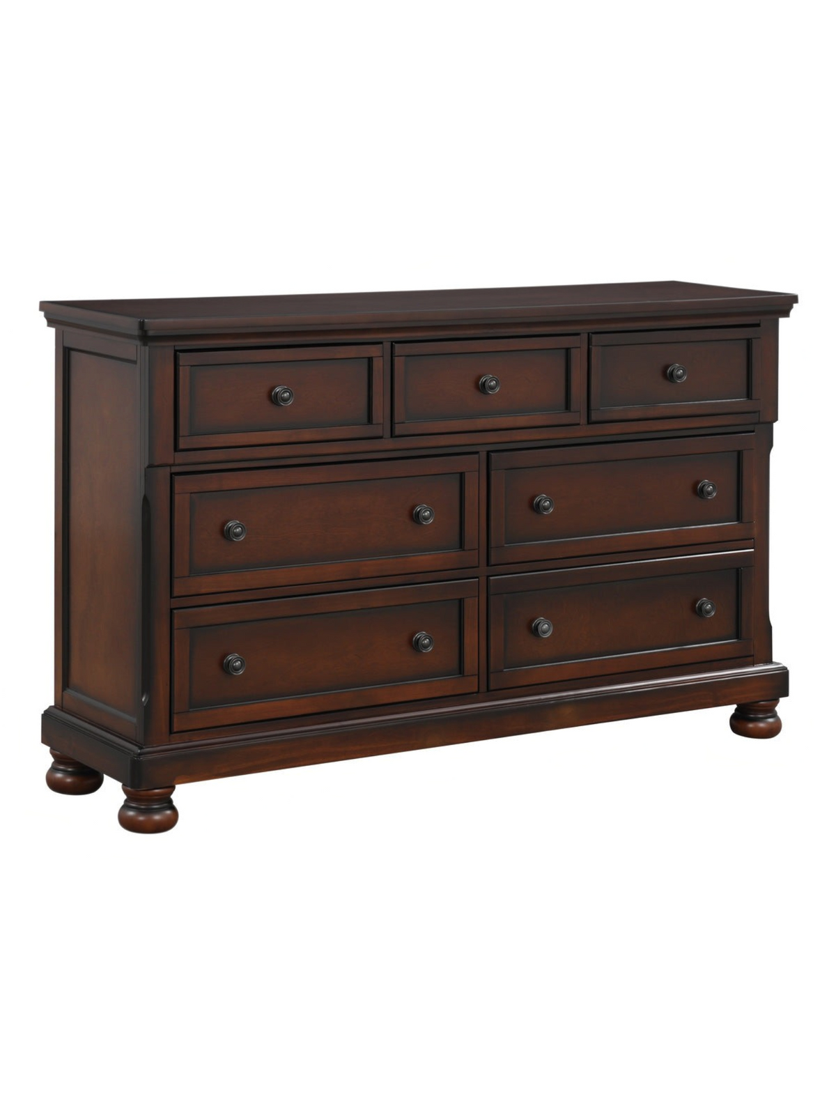 Commode double TOCO Meubles Talia en bois fini cerisier brun avec tiroirs, boutons bronze foncé et pieds boule