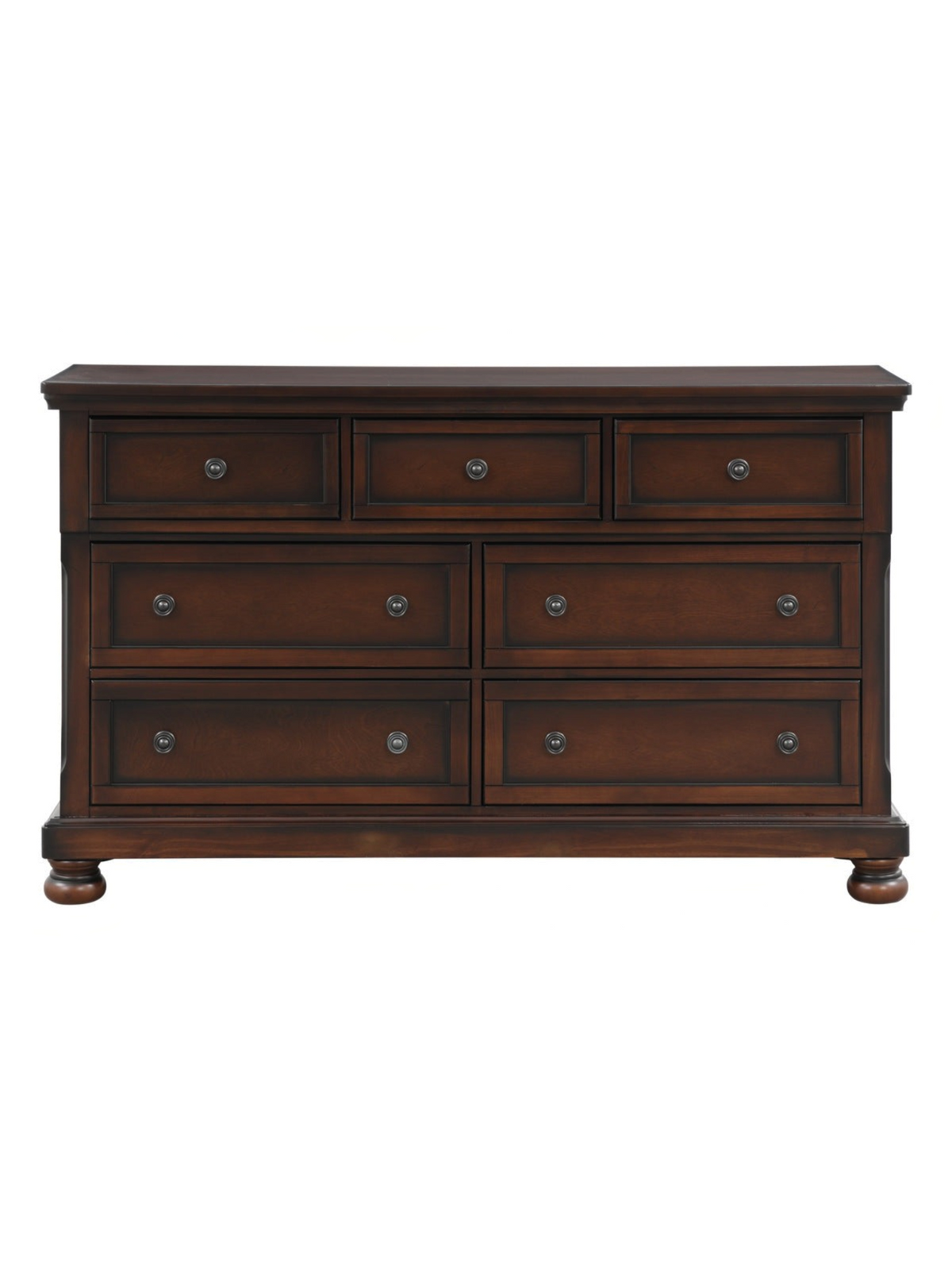 Commode double TOCO Meubles Talia en bois fini cerisier brun avec tiroirs, boutons bronze et pieds boule
