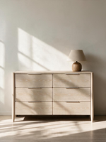 Commode double TOCO Meubles Laurent en placage de chêne clair avec six tiroirs et poignées en nickel
