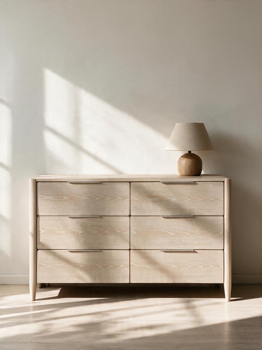 Commode double TOCO Meubles Laurent en placage de chêne clair avec six tiroirs et poignées en nickel