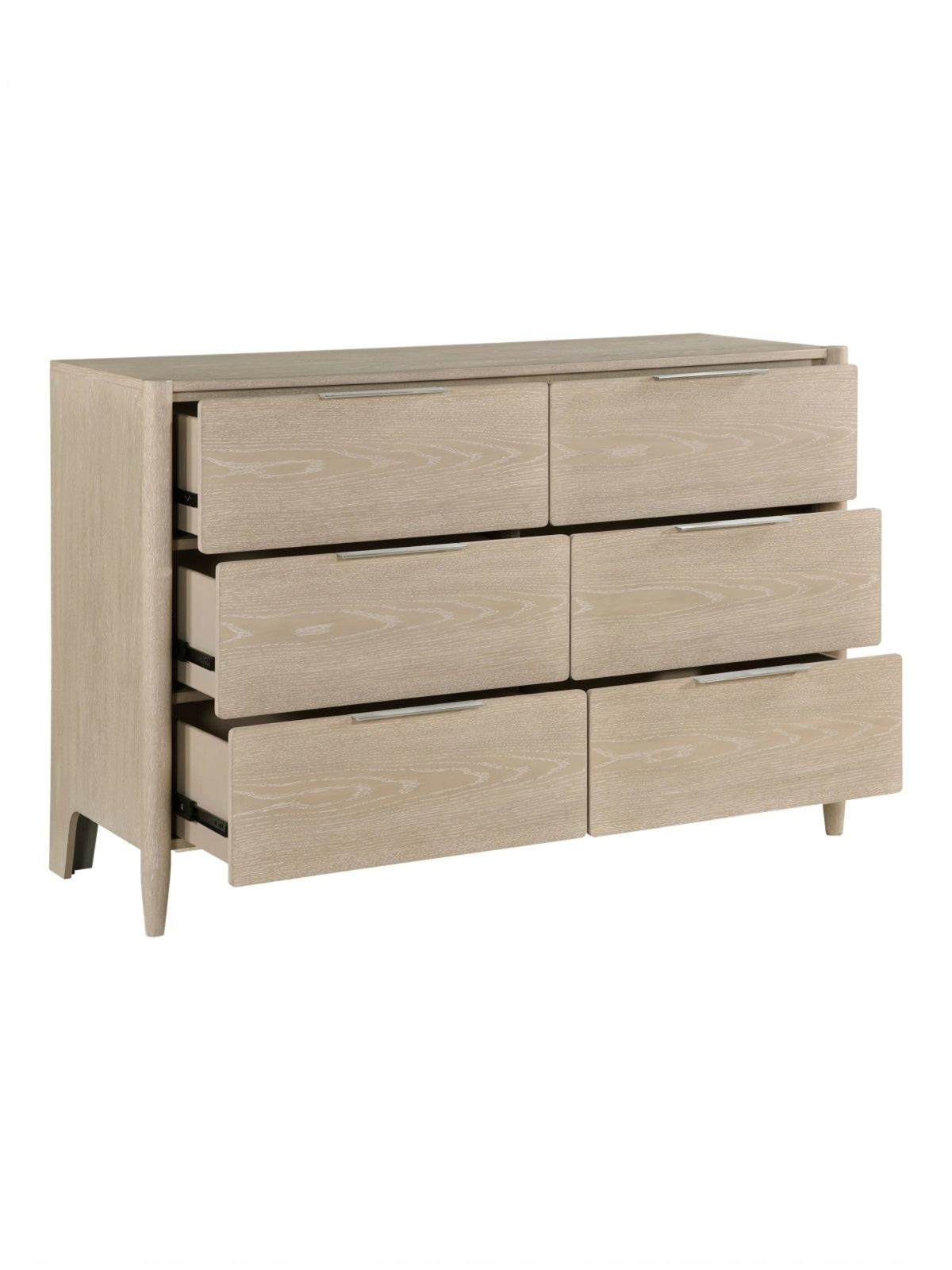 Commode double TOCO Meubles Laurent en placage de chêne clair avec six tiroirs et poignées en nickel