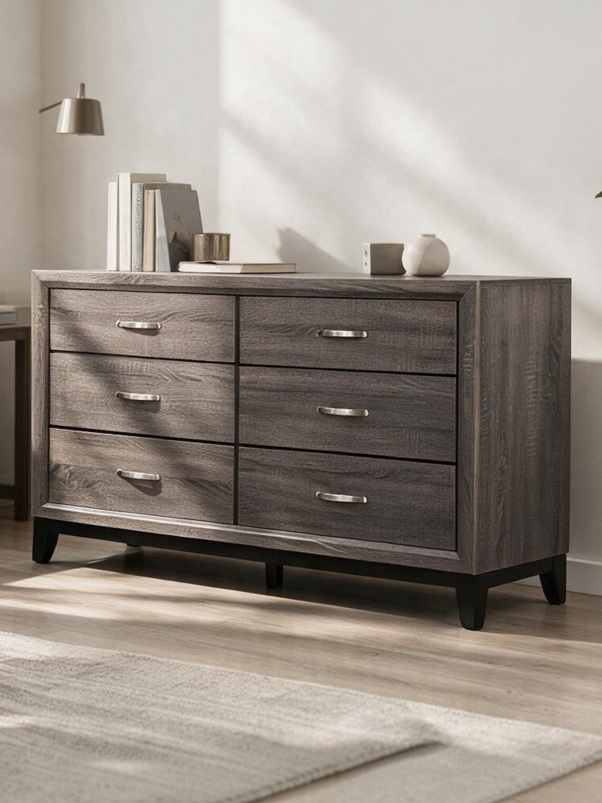 Commode double Elio TOCO Meubles à six tiroirs en fini gris grain de bois avec poignées barres en chrome poli