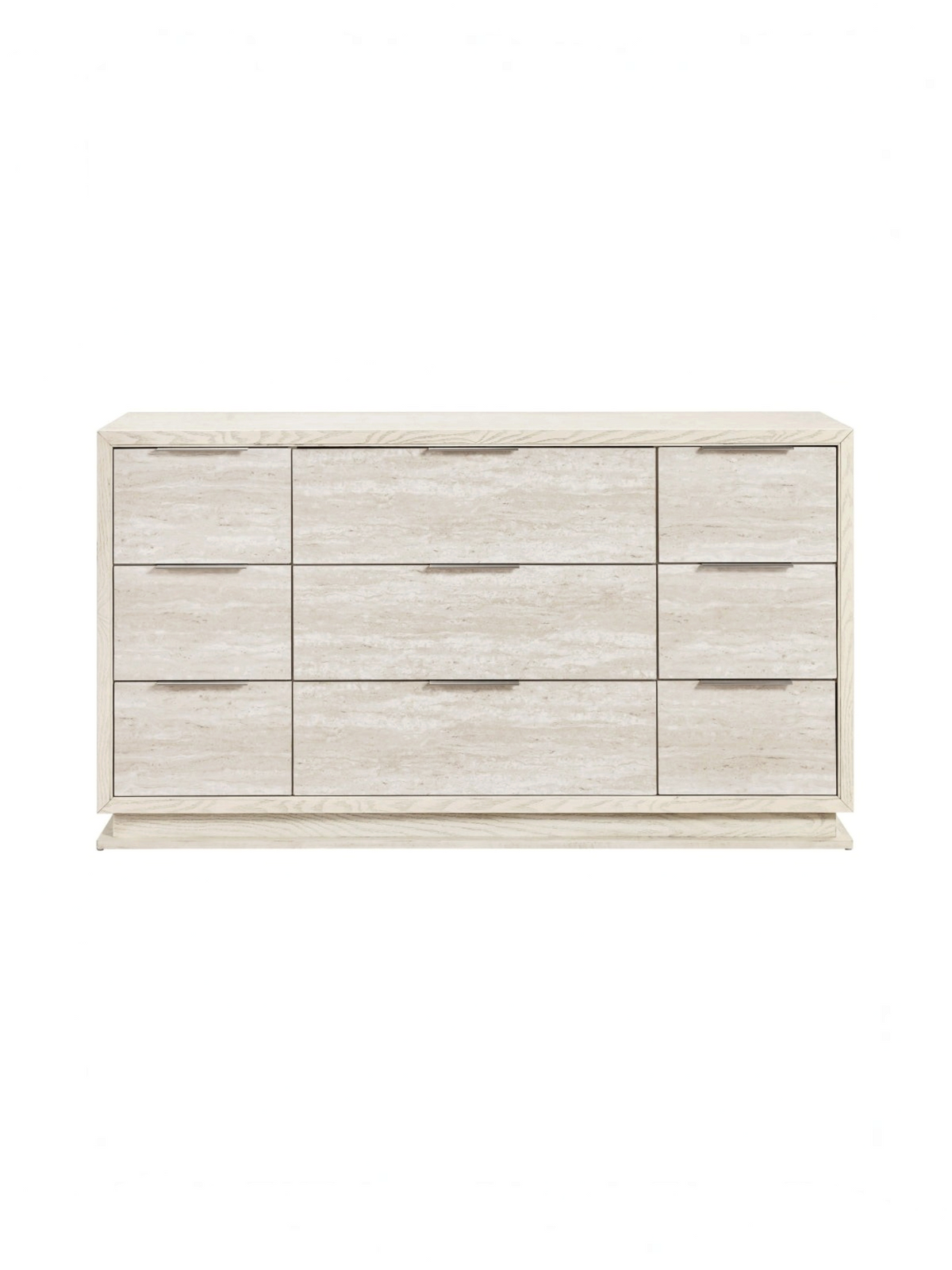 Commode double TOCO Meubles Éloïse blanche et grise avec neuf tiroirs texturés et poignées argentées