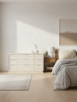 Commode double TOCO Meubles Éloïse à neuf tiroirs, fini blanc et gris pâle texturé avec éclairage DEL intégré.