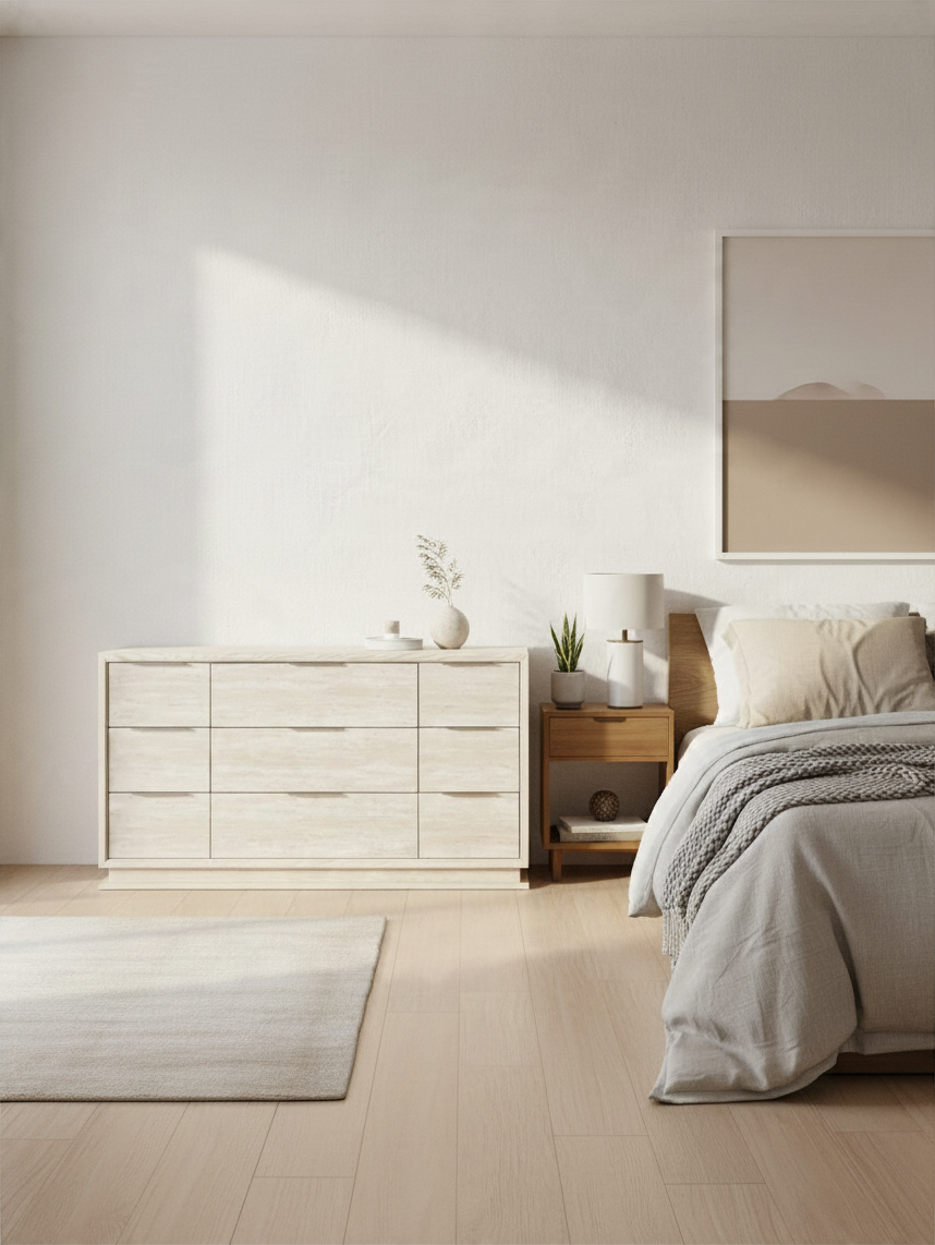 Commode double TOCO Meubles Éloïse à neuf tiroirs, fini blanc et gris pâle texturé avec éclairage DEL intégré.