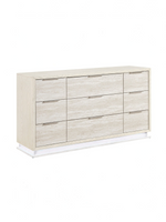 Commode double TOCO Meubles Éloïse avec neuf tiroirs, structure blanche et façades gris pâle texturées