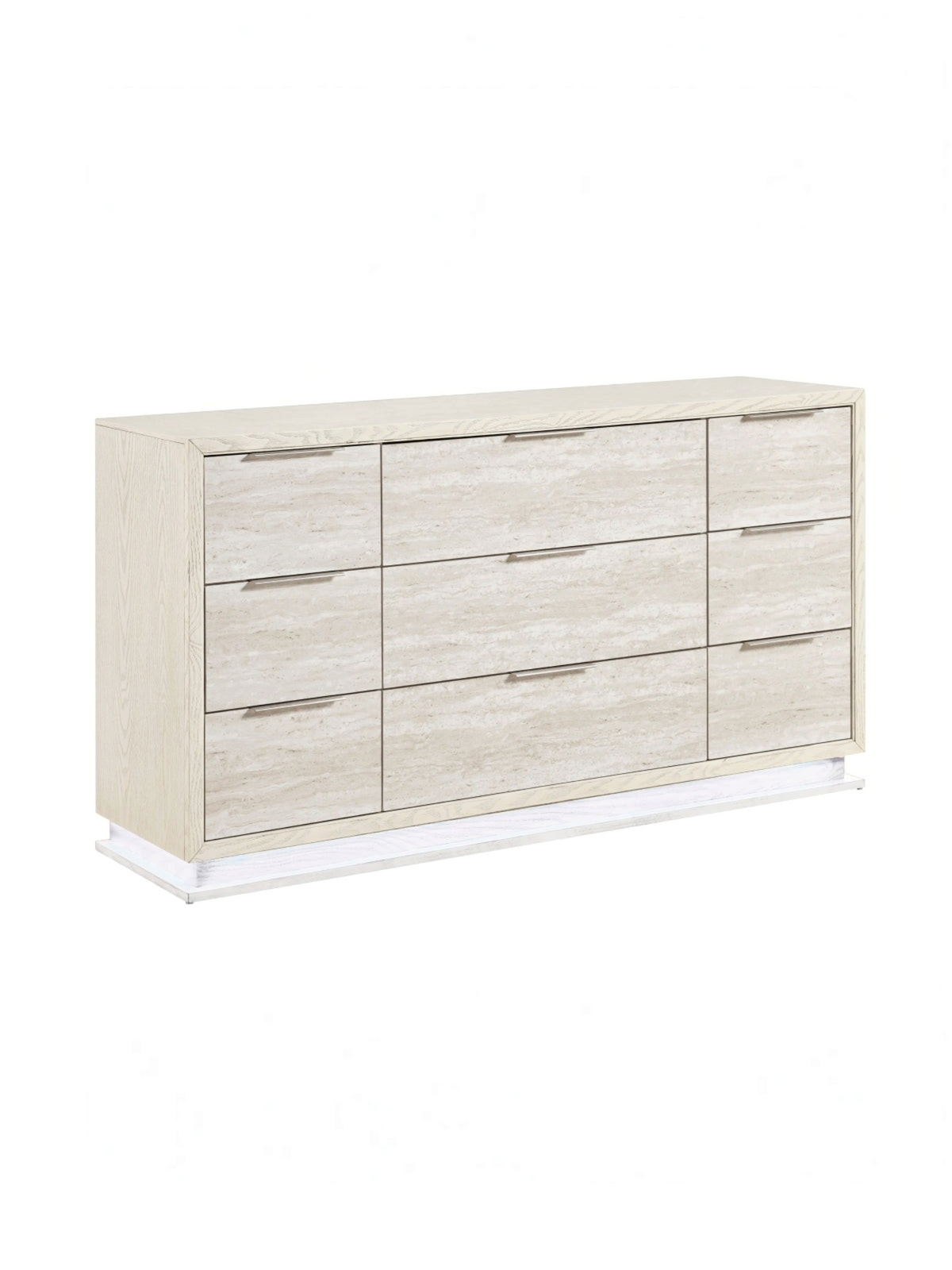 Commode double TOCO Meubles Éloïse avec neuf tiroirs, structure blanche et façades gris pâle texturées