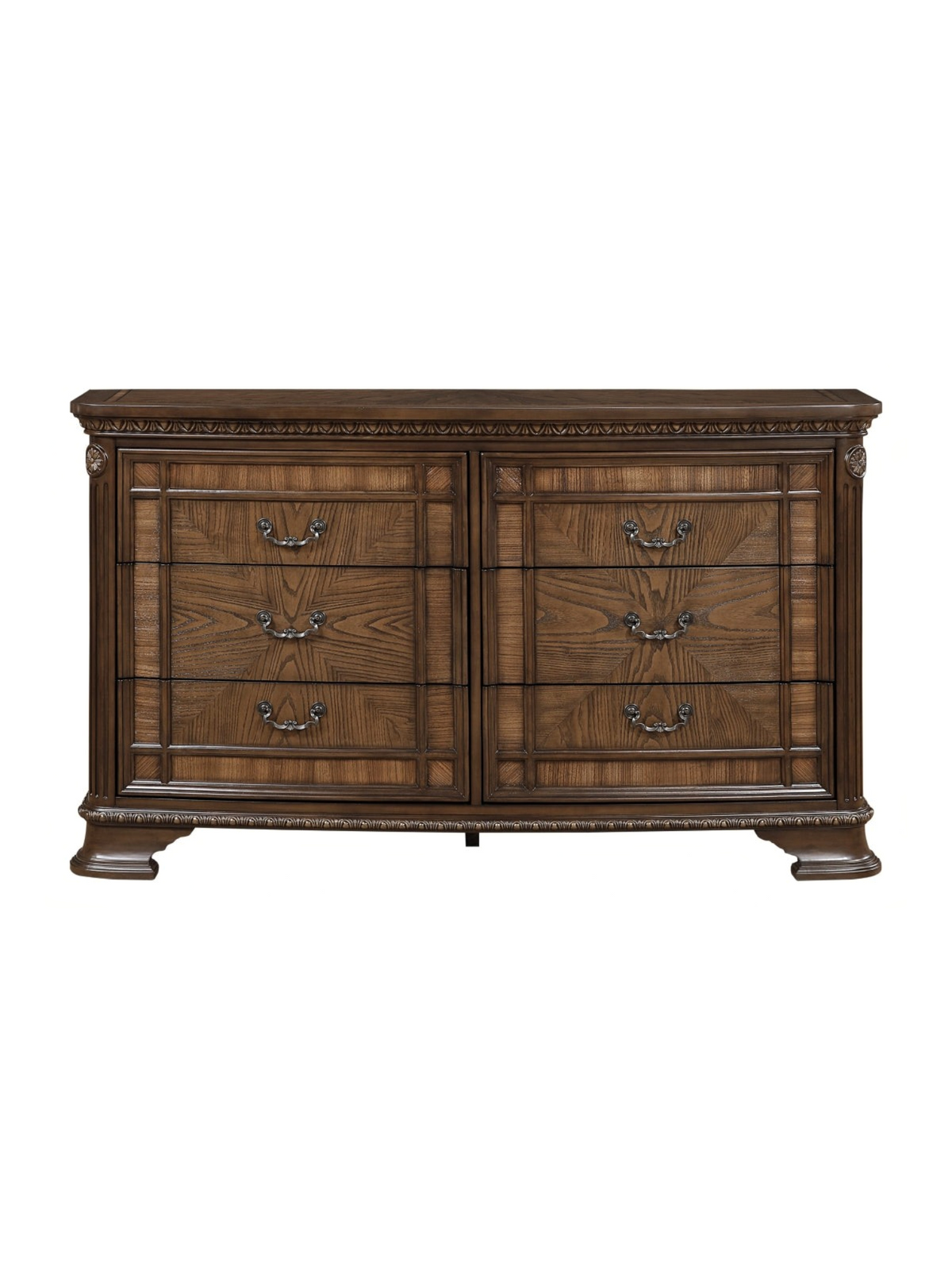 Commode double TOCO Meubles Émile en bois brun foncé avec six tiroirs, moulures sculptées et poignées en bronze.