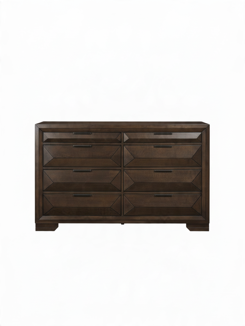 Commode double Basile par TOCO Meubles en placage de bouleau espresso avec huit tiroirs et poignées bronze foncé