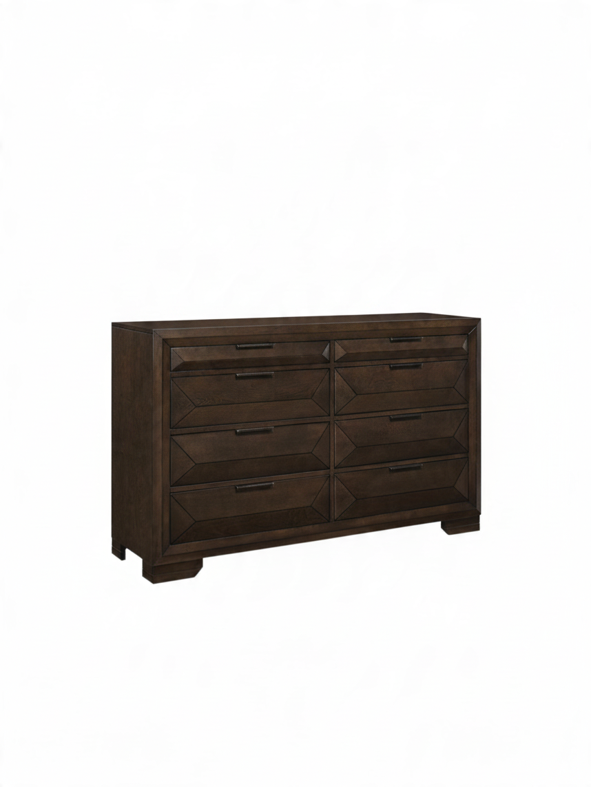 Commode double TOCO Meubles Basile en placage de bouleau espresso avec huit tiroirs et poignées en bronze foncé