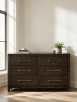 Commode double Gaston TOCO Meubles en placage de frêne brun foncé avec six tiroirs et poignées en étain vieilli