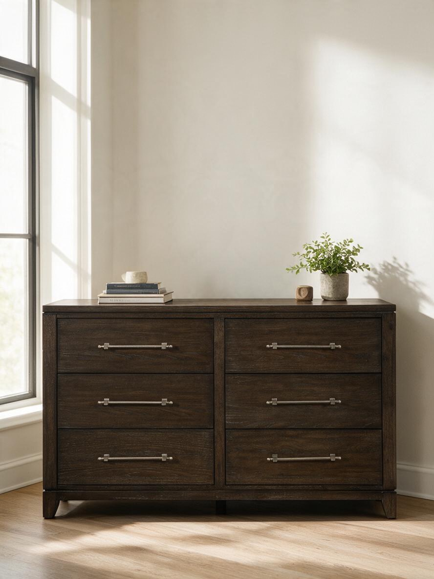 Commode double Gaston TOCO Meubles en placage de frêne brun foncé avec six tiroirs et poignées en étain vieilli