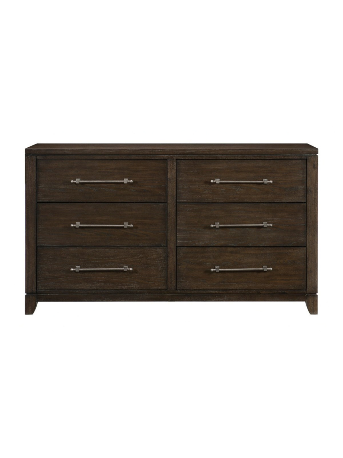 Commode double Gaston TOCO Meubles en placage de frêne brun foncé avec six tiroirs et poignées en étain vieilli
