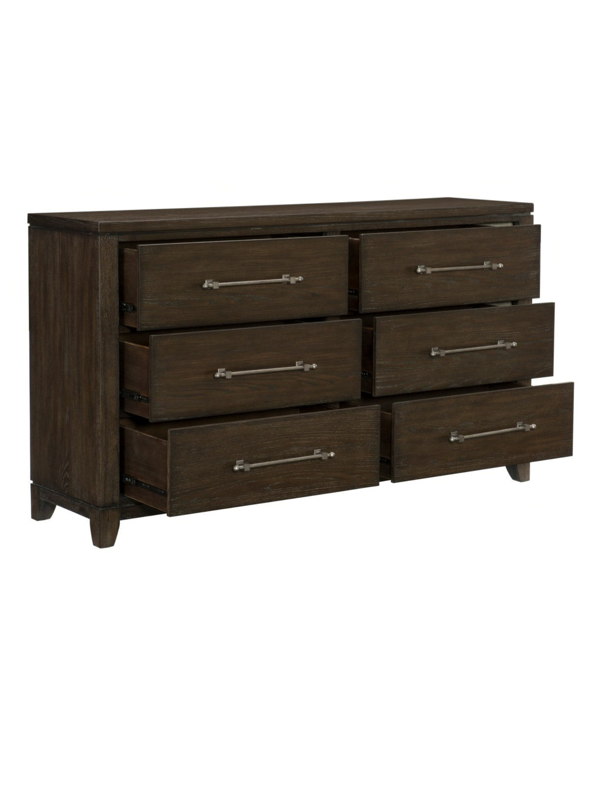 Commode double Gaston par TOCO Meubles en placage de frêne brun foncé avec six tiroirs et poignées en étain vieilli
