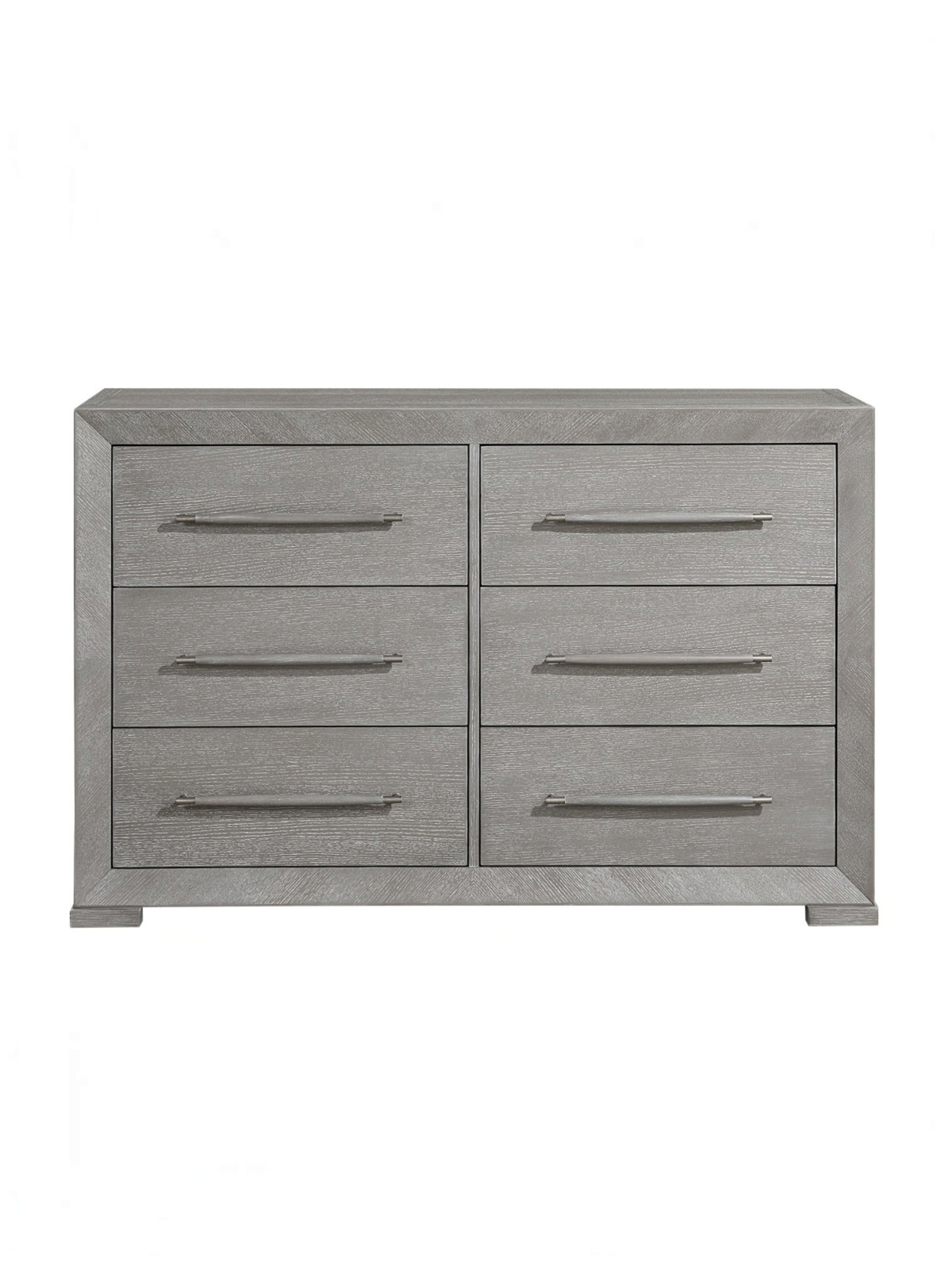 Commode double Arthur de TOCO Meubles en placage de chêne gris avec six tiroirs et poignées en bois assorties