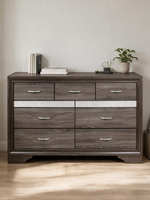 Commode double TOCO Meubles Ines grise avec tiroirs, bande argentée pailletée et poignées chromées à cristaux