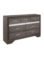 Commode double Ines de TOCO Meubles en bois gris avec bande argentée pailletée et poignées chromées à cristaux