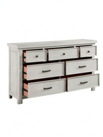 Commode double Lucie TOCO Meubles en placage de chêne gris pâle avec sept tiroirs et poignées noires antiques
