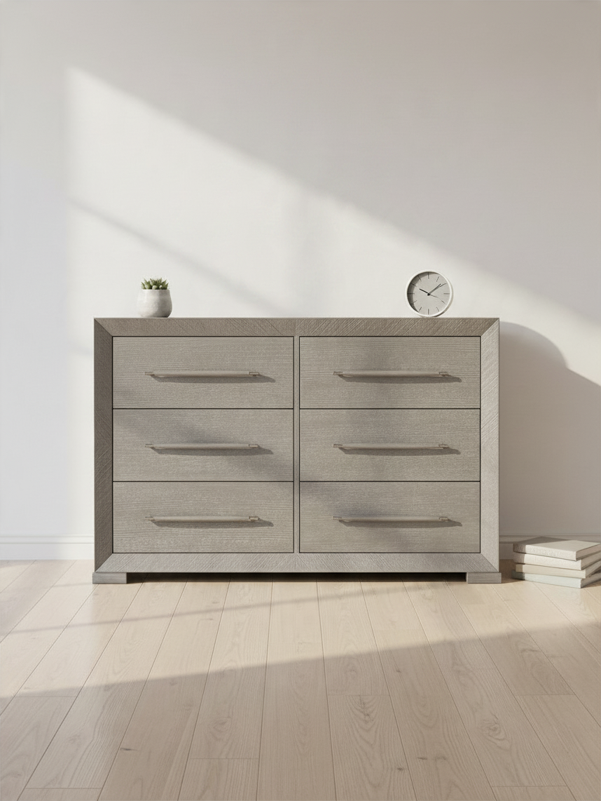 Commode double Arthur par TOCO Meubles en placage de chêne gris avec six tiroirs et poignées en bois assorties