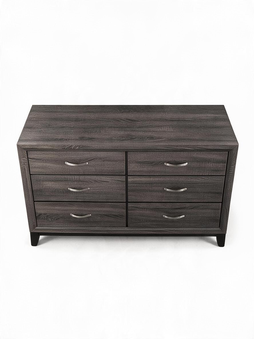 Commode double Elio de TOCO Meubles avec six tiroirs, fini gris à grain de bois et poignées chromées polies
