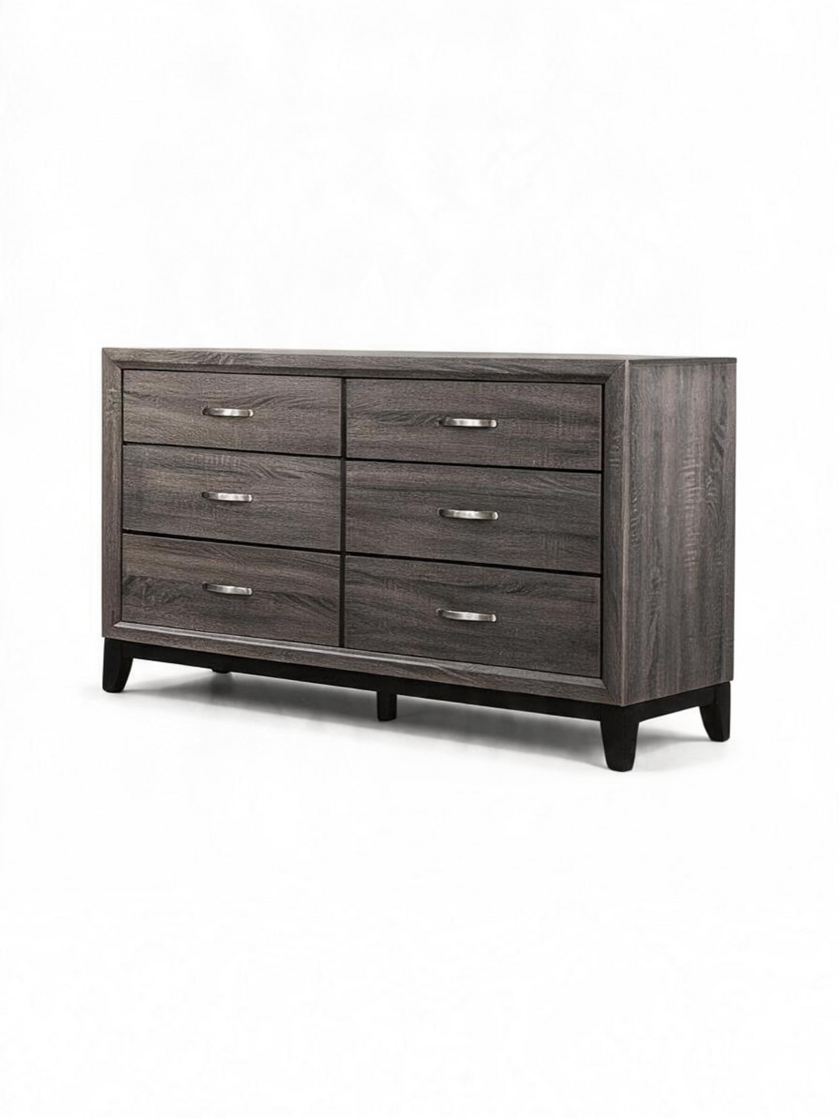 Commode double Elio TOCO Meubles à six tiroirs en placage gris grain de bois avec poignées chromées polies