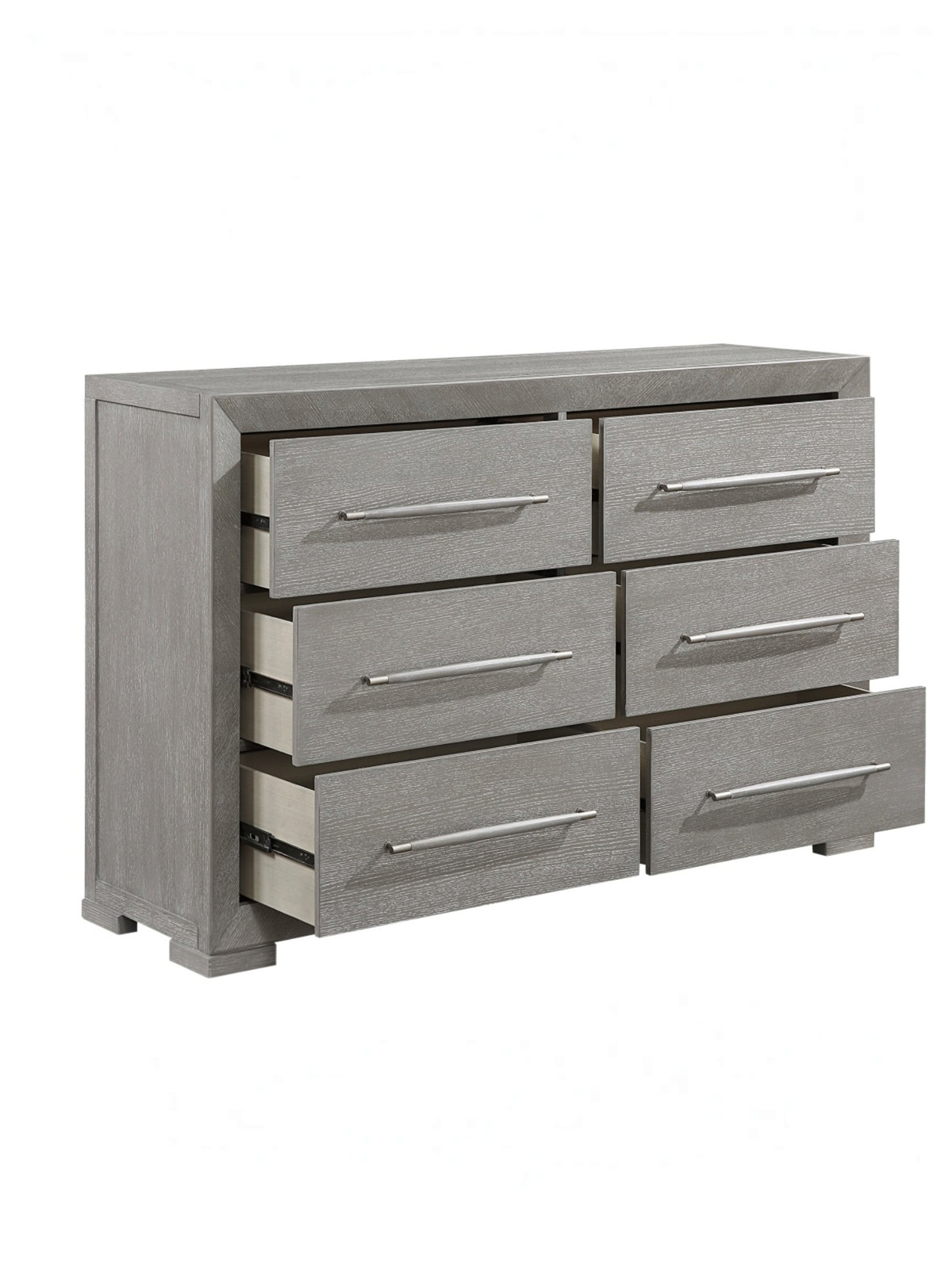 Commode double TOCO Meubles Arthur en placage de chêne gris avec six tiroirs et poignées en bois assorties