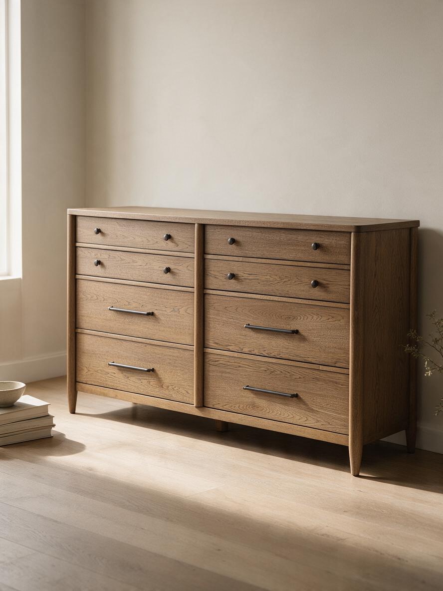 Commode double Noria par TOCO Meubles en placage de hickory brun avec huit tiroirs et poignées en nickel antique