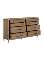 Commode double Noria TOCO Meubles en placage de hickory brun avec 8 tiroirs, boutons noirs et poignées nickel antique