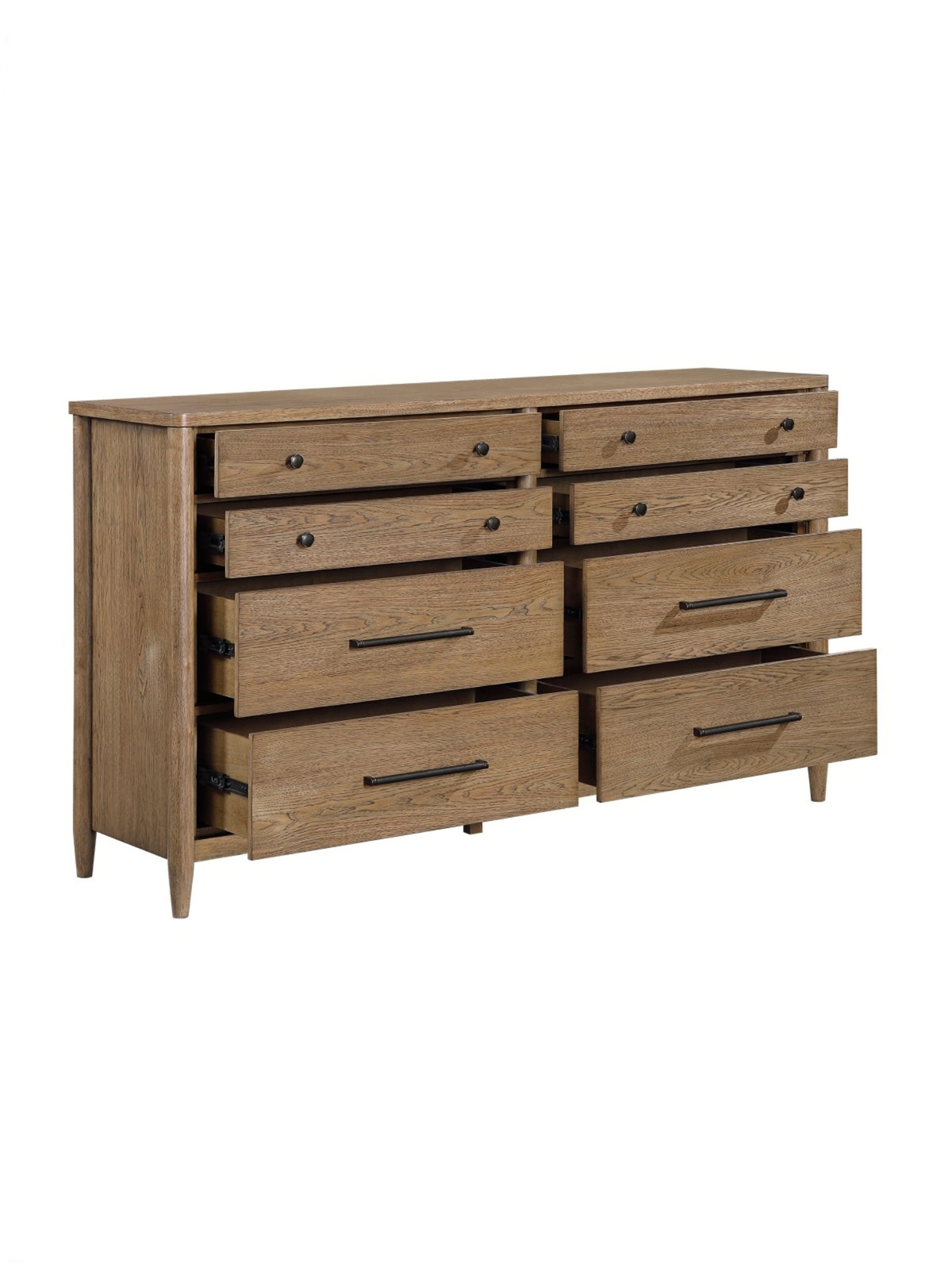 Commode double Noria TOCO Meubles en placage de hickory brun avec 8 tiroirs, boutons noirs et poignées nickel antique